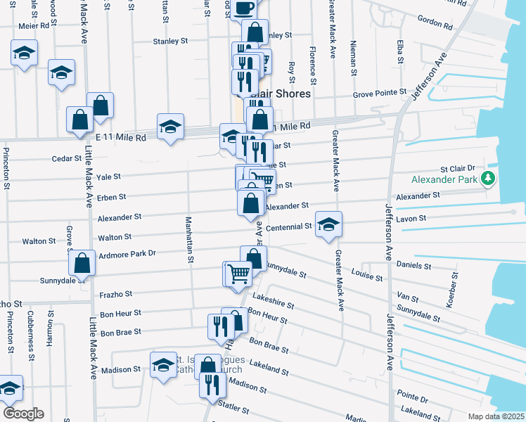 map of restaurants, bars, coffee shops, grocery stores, and more near 27250 Harper Avenue in St. Clair Shores