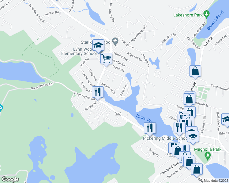 map of restaurants, bars, coffee shops, grocery stores, and more near 89 Kernwood Drive in Lynn