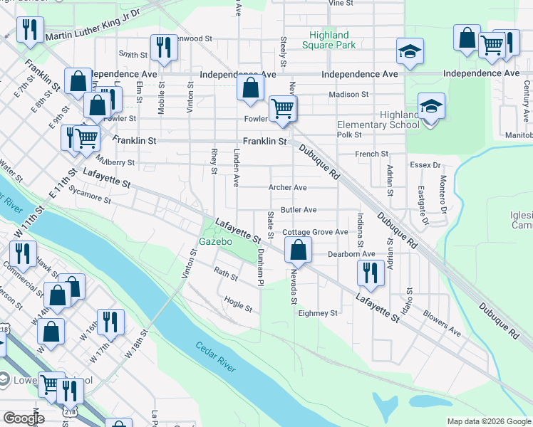 map of restaurants, bars, coffee shops, grocery stores, and more near 231 State Street in Waterloo
