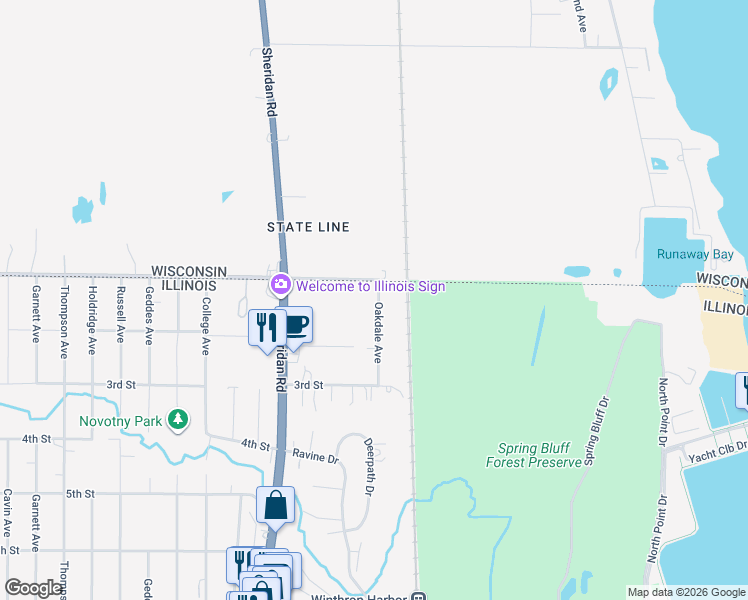 map of restaurants, bars, coffee shops, grocery stores, and more near 123 Oakdale Avenue in Winthrop Harbor