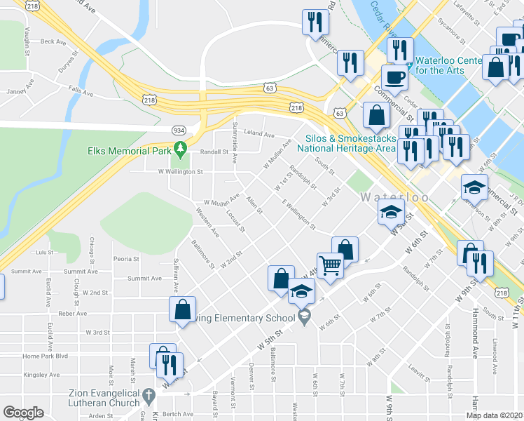 map of restaurants, bars, coffee shops, grocery stores, and more near 201 Allen Street in Waterloo