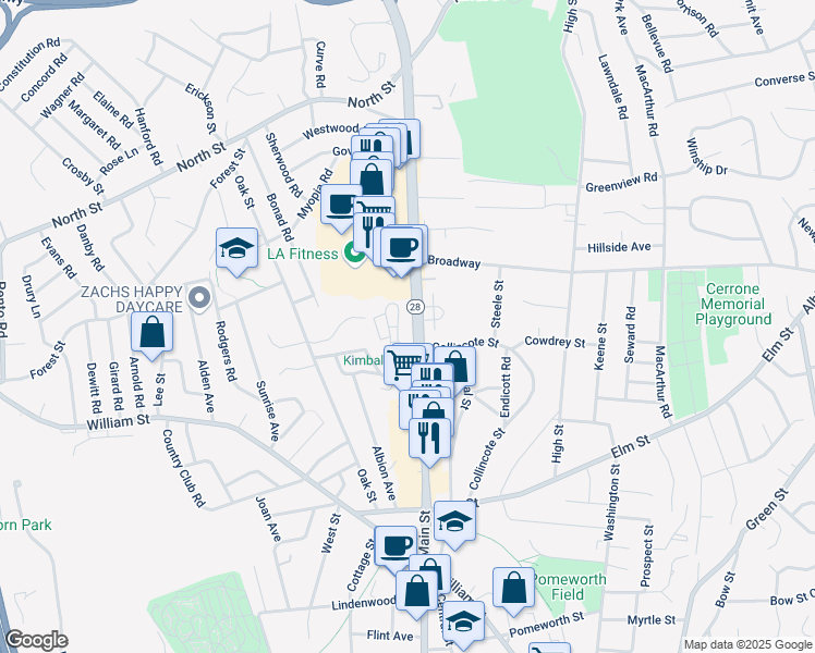 map of restaurants, bars, coffee shops, grocery stores, and more near 157 Main Street in Stoneham
