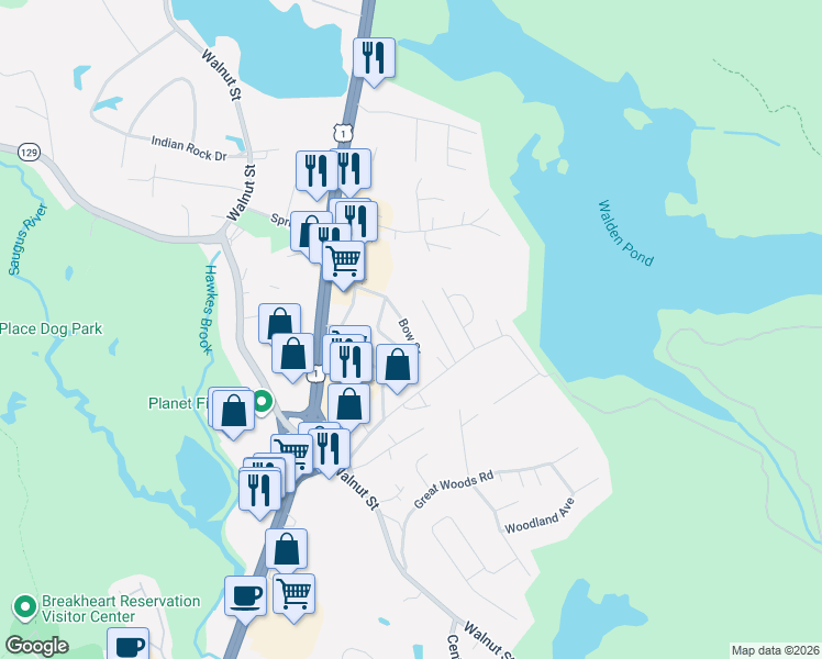 map of restaurants, bars, coffee shops, grocery stores, and more near 59 Bow Street in Saugus
