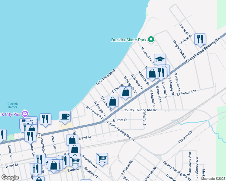 map of restaurants, bars, coffee shops, grocery stores, and more near in Dunkirk