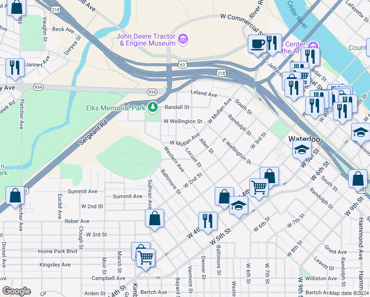 map of restaurants, bars, coffee shops, grocery stores, and more near in Waterloo