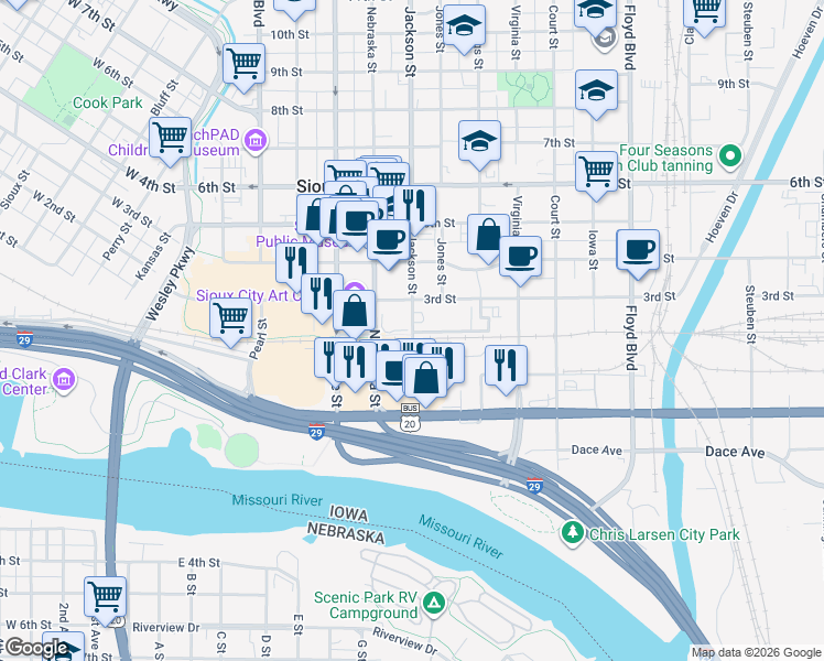 map of restaurants, bars, coffee shops, grocery stores, and more near 101 Jackson Street in Sioux City
