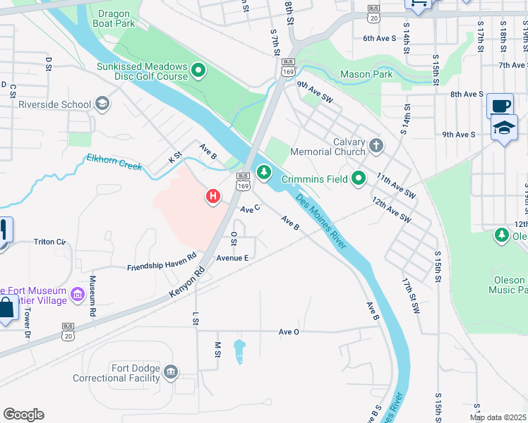 map of restaurants, bars, coffee shops, grocery stores, and more near 1353 Avenue C in Fort Dodge