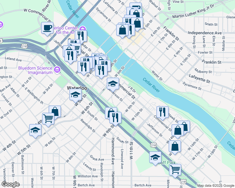 map of restaurants, bars, coffee shops, grocery stores, and more near 905 Jefferson Street in Waterloo