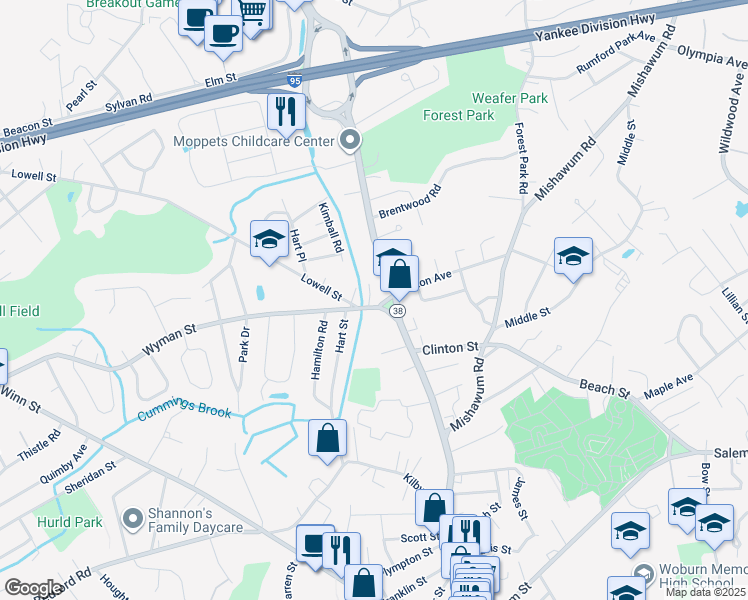 map of restaurants, bars, coffee shops, grocery stores, and more near 7b Lowell Street in Woburn