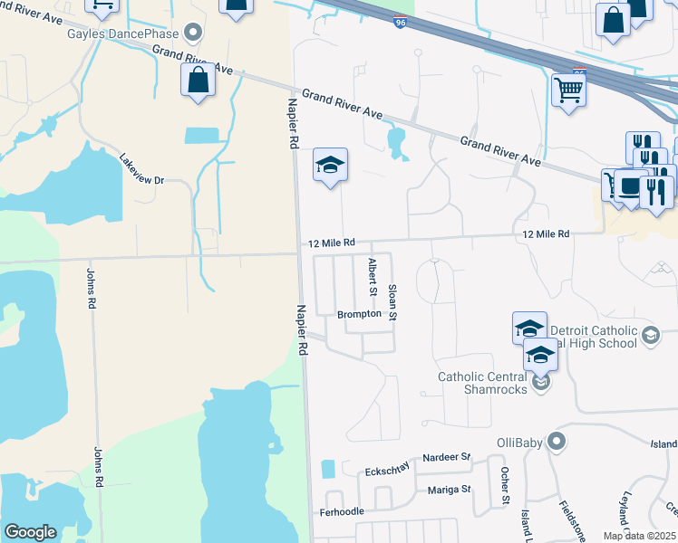 map of restaurants, bars, coffee shops, grocery stores, and more near 27618 Cromwell Road in Novi