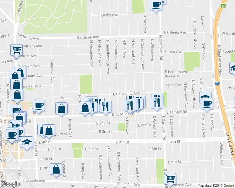 map of restaurants, bars, coffee shops, grocery stores, and more near East University Avenue in Royal Oak