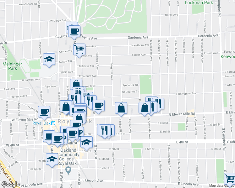 map of restaurants, bars, coffee shops, grocery stores, and more near 511 East University Avenue in Royal Oak