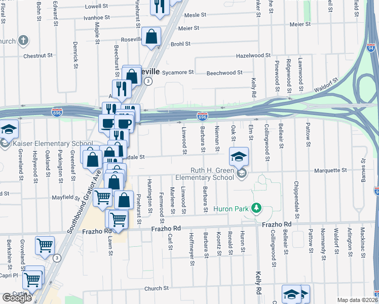 map of restaurants, bars, coffee shops, grocery stores, and more near 18229 Glendale Street in Roseville