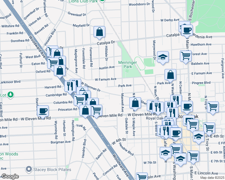 map of restaurants, bars, coffee shops, grocery stores, and more near 1009 Park Avenue in Royal Oak
