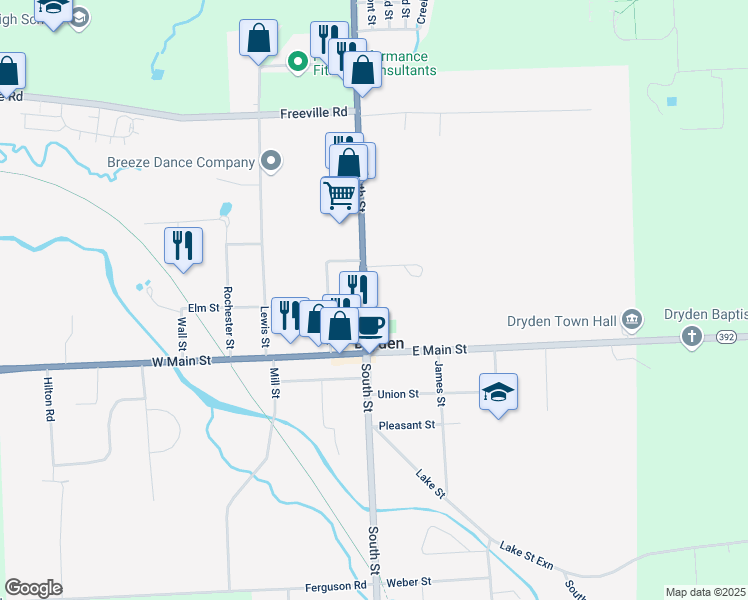 map of restaurants, bars, coffee shops, grocery stores, and more near 14 North Street in Dryden