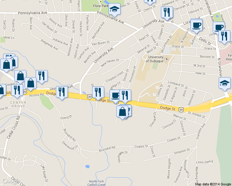 map of restaurants, bars, coffee shops, grocery stores, and more near 15 Cambridge Court in Dubuque