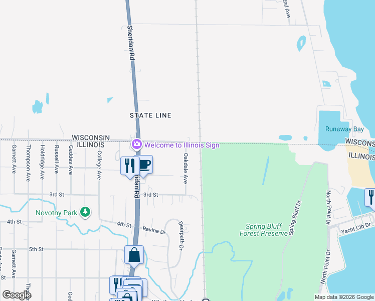 map of restaurants, bars, coffee shops, grocery stores, and more near 123 Oakdale Avenue in Winthrop Harbor