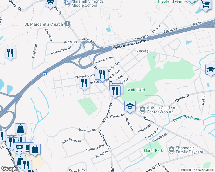 map of restaurants, bars, coffee shops, grocery stores, and more near 45 Harriett Avenue in Burlington