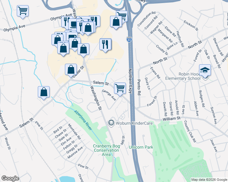 map of restaurants, bars, coffee shops, grocery stores, and more near 7 George Avenue in Woburn