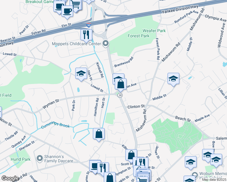 map of restaurants, bars, coffee shops, grocery stores, and more near 7b Lowell Street in Woburn