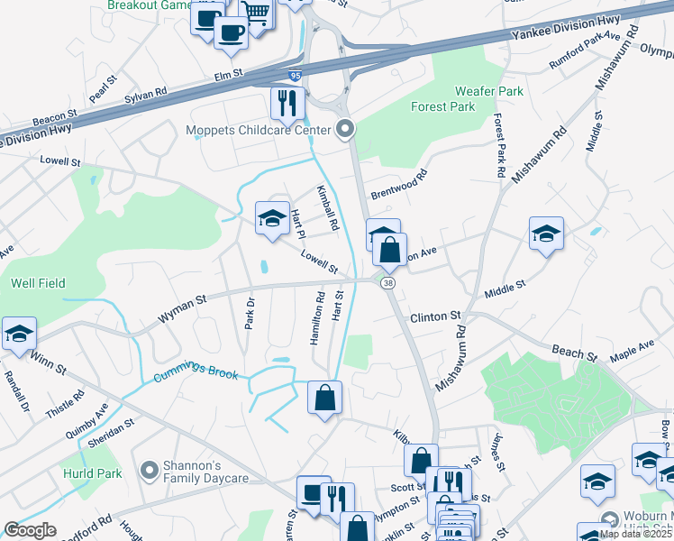 map of restaurants, bars, coffee shops, grocery stores, and more near 3 Wyman Street in Woburn
