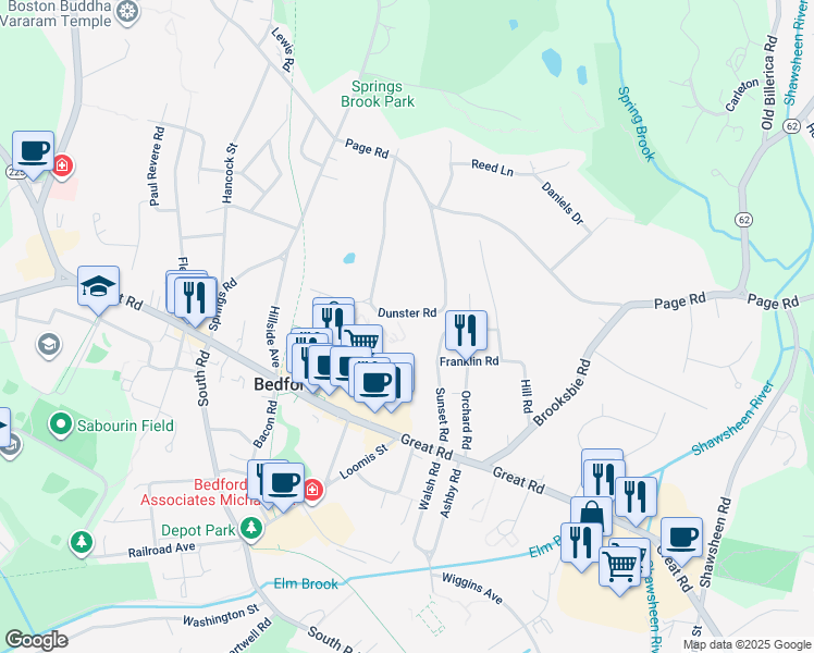 map of restaurants, bars, coffee shops, grocery stores, and more near 4 Bedford Village in Bedford