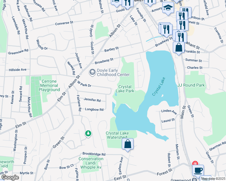 map of restaurants, bars, coffee shops, grocery stores, and more near 54 West Park Drive in Wakefield