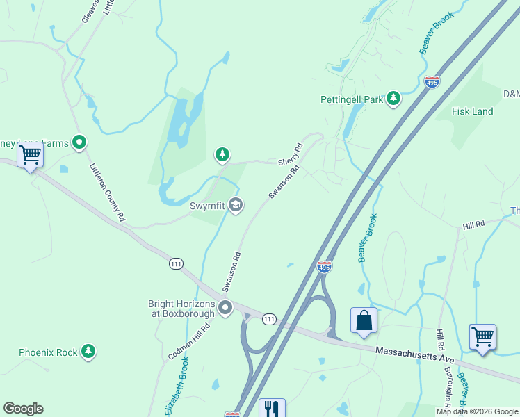 map of restaurants, bars, coffee shops, grocery stores, and more near Swanson Road in Boxborough