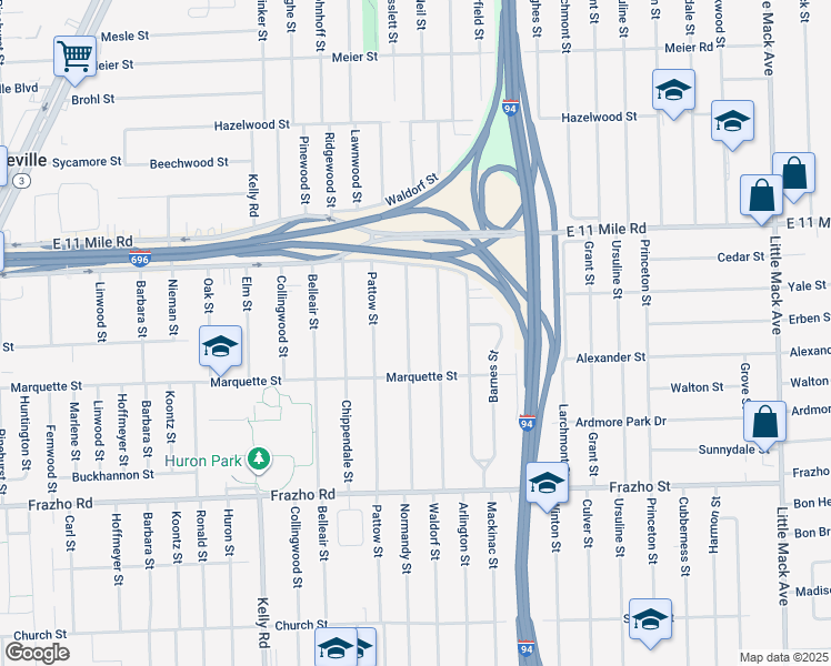 map of restaurants, bars, coffee shops, grocery stores, and more near 26604 Normandy Street in Roseville
