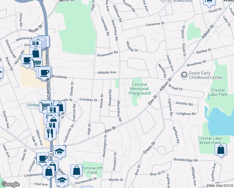 map of restaurants, bars, coffee shops, grocery stores, and more near 40 Macarthur Road in Stoneham