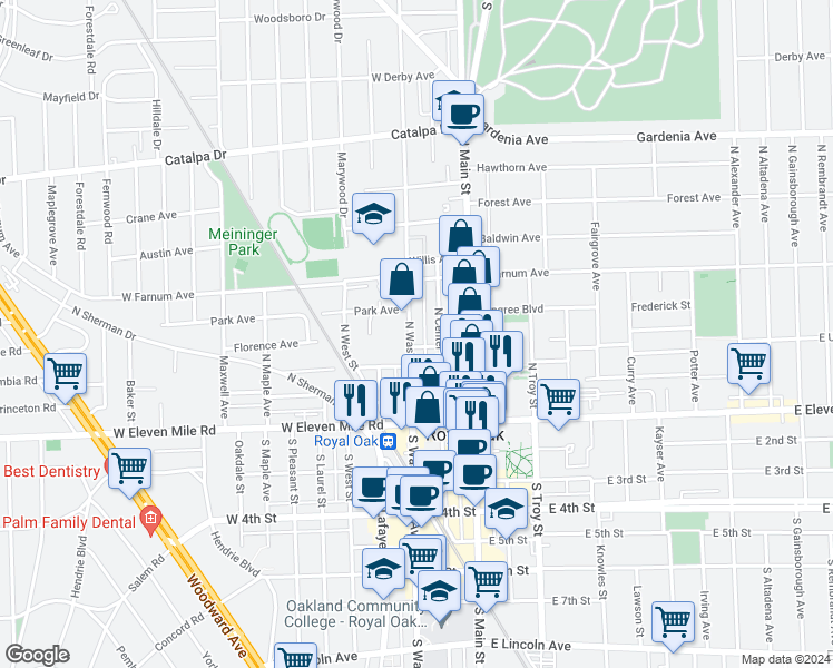 map of restaurants, bars, coffee shops, grocery stores, and more near 410 North Washington Avenue in Royal Oak