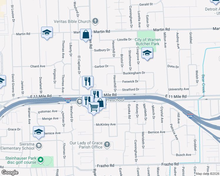map of restaurants, bars, coffee shops, grocery stores, and more near 27055 Haverhill Drive in Warren