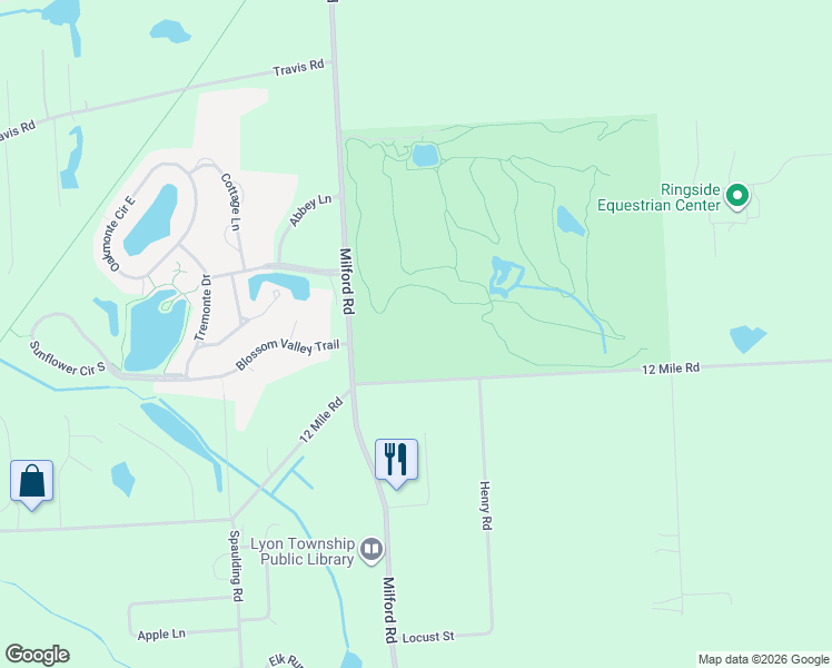 map of restaurants, bars, coffee shops, grocery stores, and more near 56500 Twelve Mile Road in Lyon Charter Township