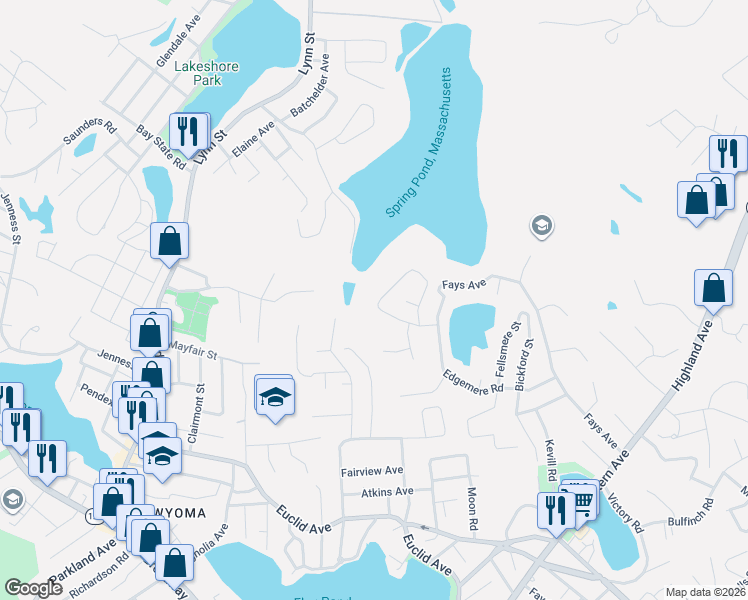 map of restaurants, bars, coffee shops, grocery stores, and more near 60 Spring View Drive in Lynn