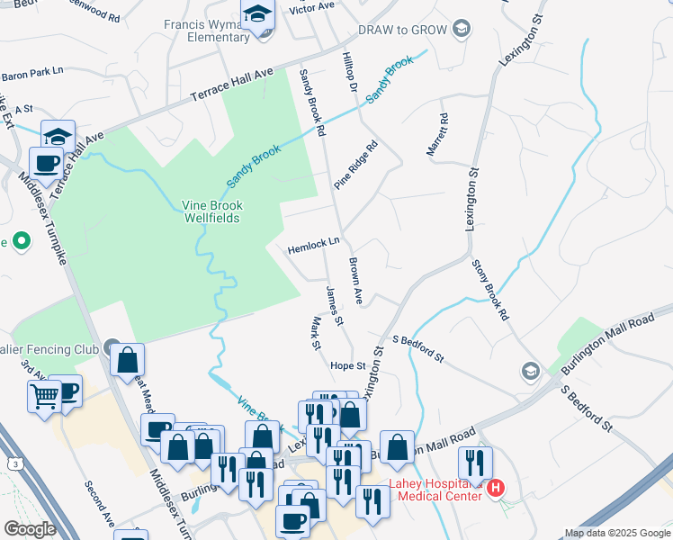 map of restaurants, bars, coffee shops, grocery stores, and more near 16 Brown Avenue in Burlington
