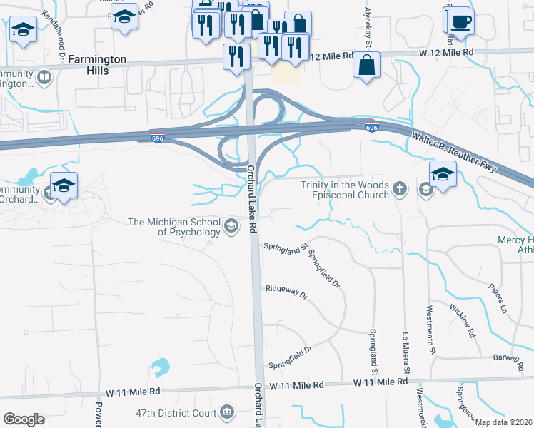 map of restaurants, bars, coffee shops, grocery stores, and more near 31345 Scenic View Circle in Farmington Hills