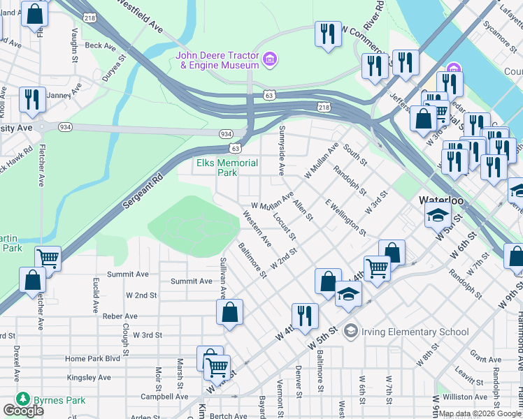 map of restaurants, bars, coffee shops, grocery stores, and more near in Waterloo