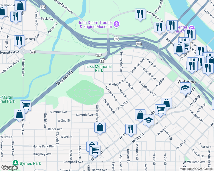map of restaurants, bars, coffee shops, grocery stores, and more near 226 Elmwood Street in Waterloo