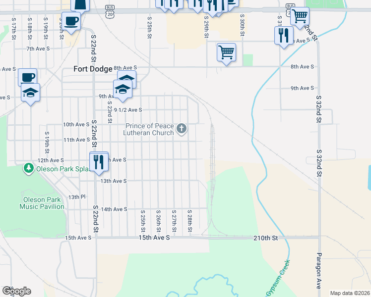 map of restaurants, bars, coffee shops, grocery stores, and more near 1137 South 28th Street in Fort Dodge