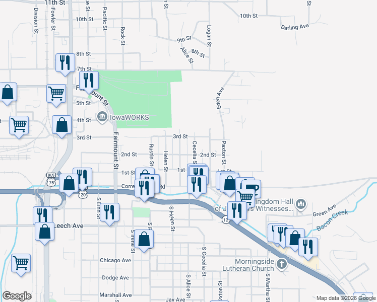 map of restaurants, bars, coffee shops, grocery stores, and more near 103-199 Cecelia Street in Sioux City