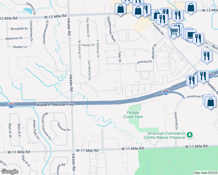 map of restaurants, bars, coffee shops, grocery stores, and more near 26941 Pebblestone Street in Southfield