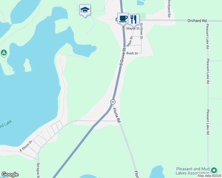 map of restaurants, bars, coffee shops, grocery stores, and more near 752 South Grove Street in Delton