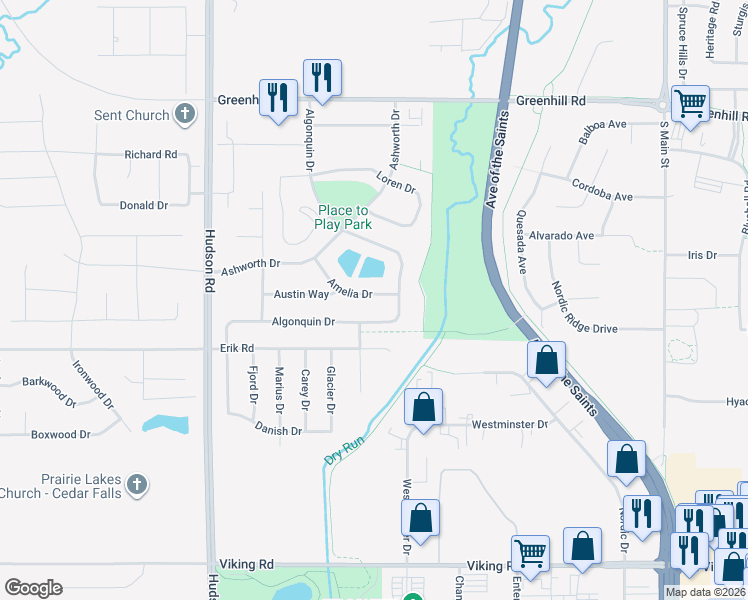 map of restaurants, bars, coffee shops, grocery stores, and more near 1108 Amelia Drive in Cedar Falls