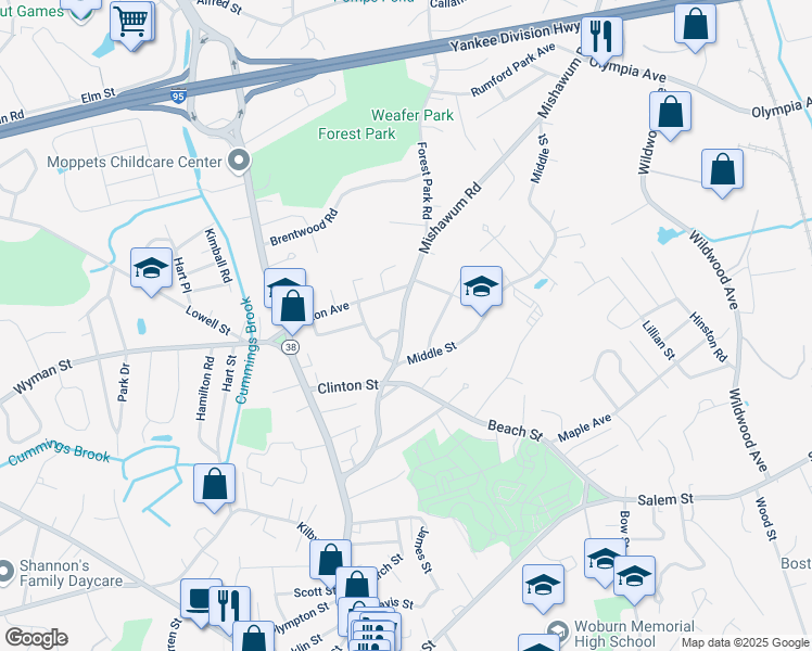 map of restaurants, bars, coffee shops, grocery stores, and more near 55 Mishawum Road in Woburn