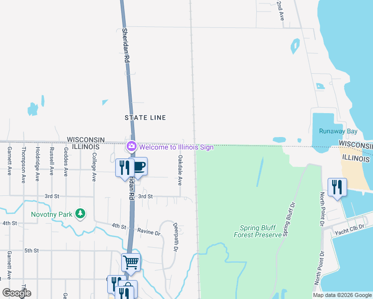 map of restaurants, bars, coffee shops, grocery stores, and more near 123 Oakdale Avenue in Winthrop Harbor