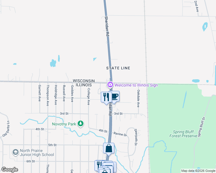map of restaurants, bars, coffee shops, grocery stores, and more near Sheridan Road in Winthrop Harbor