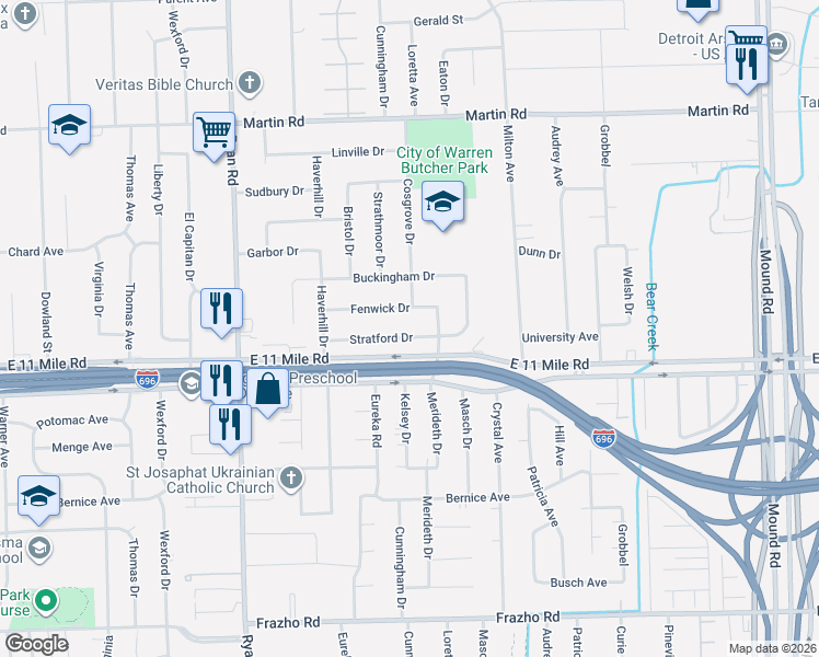 map of restaurants, bars, coffee shops, grocery stores, and more near 27043 Merideth Drive in Warren