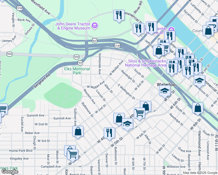 map of restaurants, bars, coffee shops, grocery stores, and more near 219 Allen Street in Waterloo