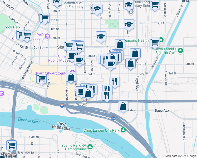 map of restaurants, bars, coffee shops, grocery stores, and more near in Sioux City
