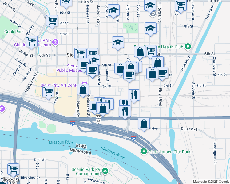 map of restaurants, bars, coffee shops, grocery stores, and more near in Sioux City